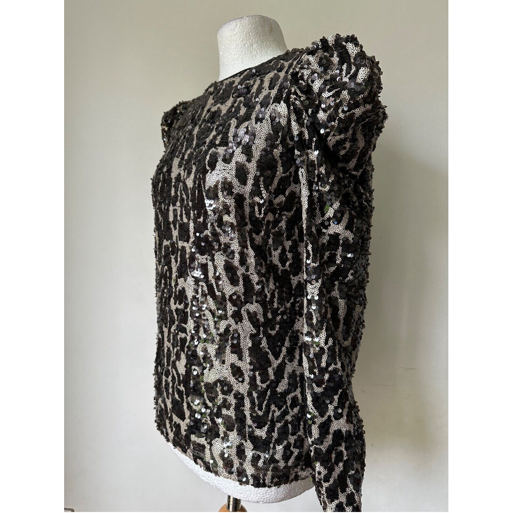 VERY Sequin Puff Shoulder Cut Out Back Blouse Size 8 Lined - Picture 3 of 5